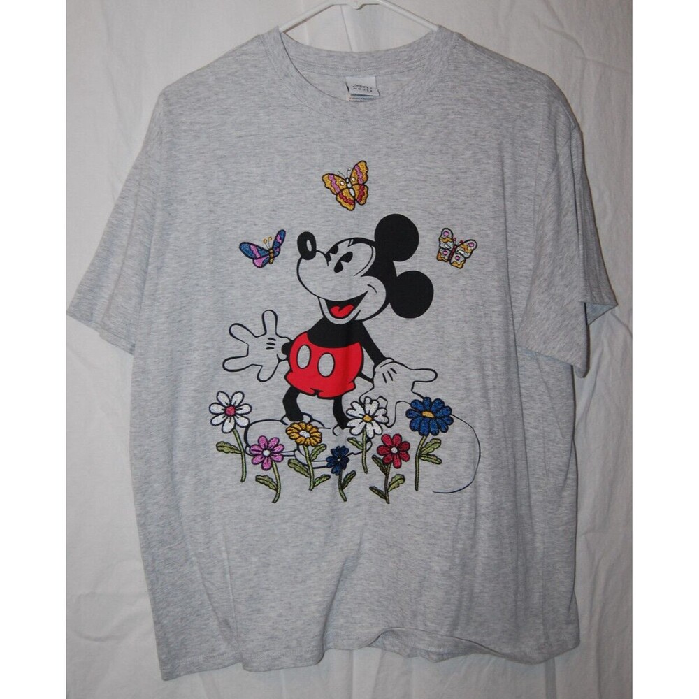 Disney Mickey Mouse Ladies Tee With Embroidery Butterflies Flowers Size XL Gray